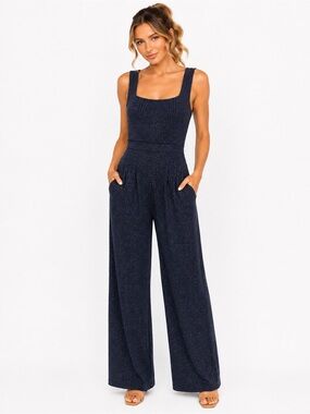 NWT Audrey Parks Francesca's Size Medium Metallic Navy Wide-Leg Jumpsui